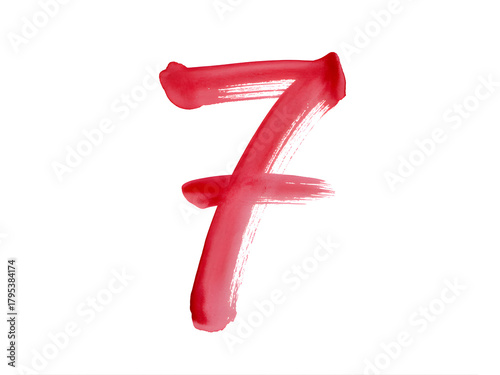 A red number seven painted with brush strokes on a plain white background art