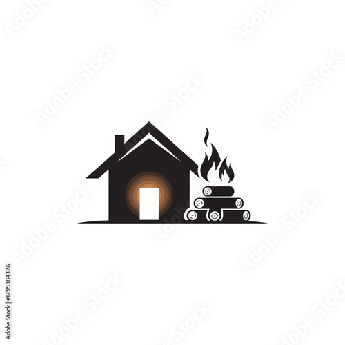 Stylized black house silhouette with a glowing doorway next to a burning stack of firewood logs, symbolizing home heating and warmth.