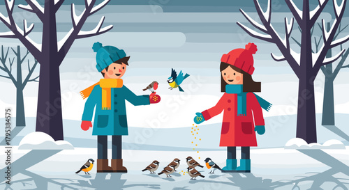 kids feeding birds in winter