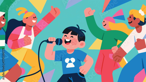 Illustration Of A Group Of Children Singing And Dancing Vector Design Template