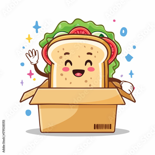 Happy sandwich character in a box with transparent background