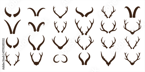 Collection of deer and goat antlers and horns in silhouette Vector, illustration