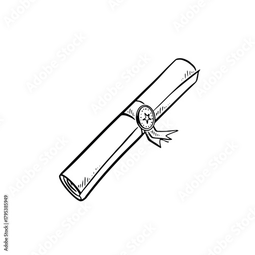 Graduation scroll hand drawn in black with a star and ribbon on front. Vector.