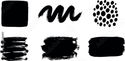 Abstract black ink brush strokes and paint splatter vector design elements for creative projects and artistic compositions