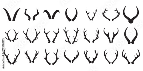 Collection of diverse deer and animal antler silhouette icons on white background Vector, illustration