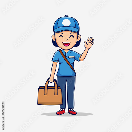 Delivery woman waving with bag and uniform
