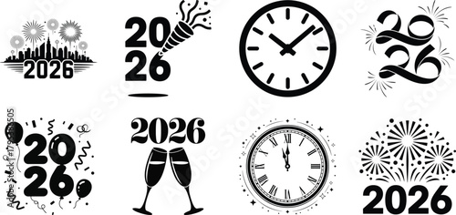 Happy new year 2026 celebration icon set, festive design elements
