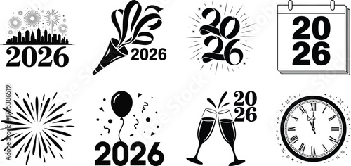 New year 2026 celebration icons and symbols vector collection