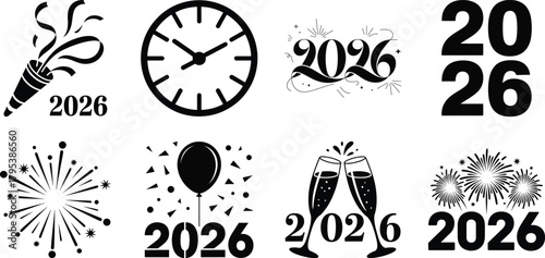 New year 2026 celebration icon set vector for festive design