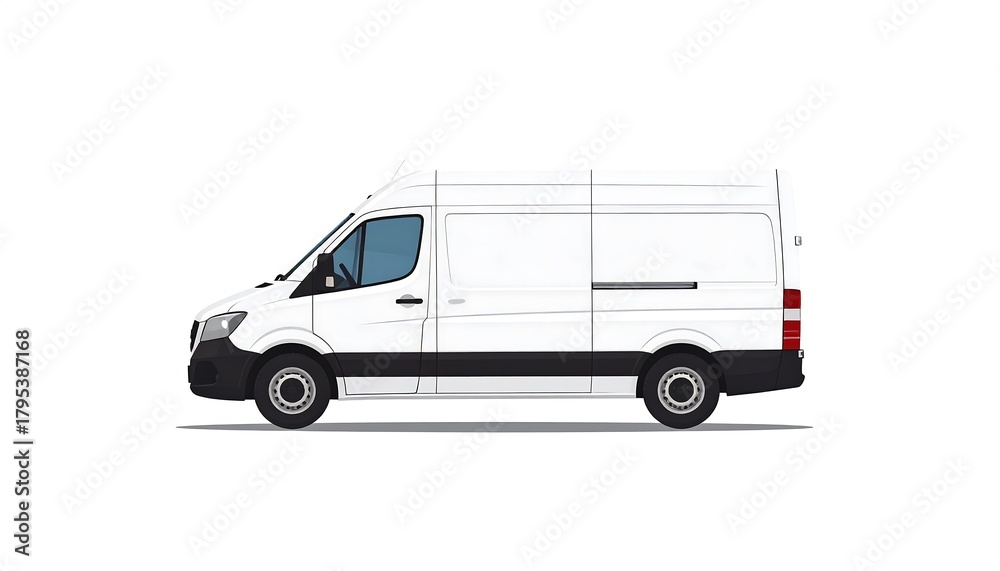 Naklejka premium White delivery van side view, minimalist vector illustration against a plain white background, flat style, clean lines