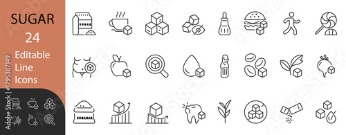 Sugar, Health, and Diet line icon set. Contains symbols for Sugar cubes, Diet, No Sugar, and Health risks. Line vector design for nutrition facts and healthy lifestyle designs.