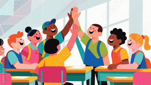 Illustration Of A Group Of Children High-Fiving In Class Vector Design Template