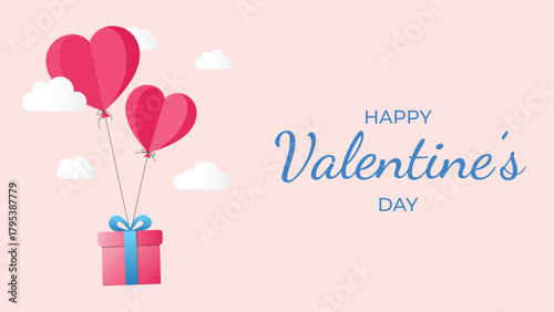 Happy valentines day greeting with pink heart balloons floating above a gift box against a soft pink background with clouds