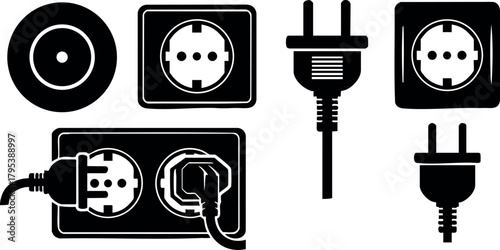 Electrical plug and socket vector icons set in black silhouette style for technology and power connection designs