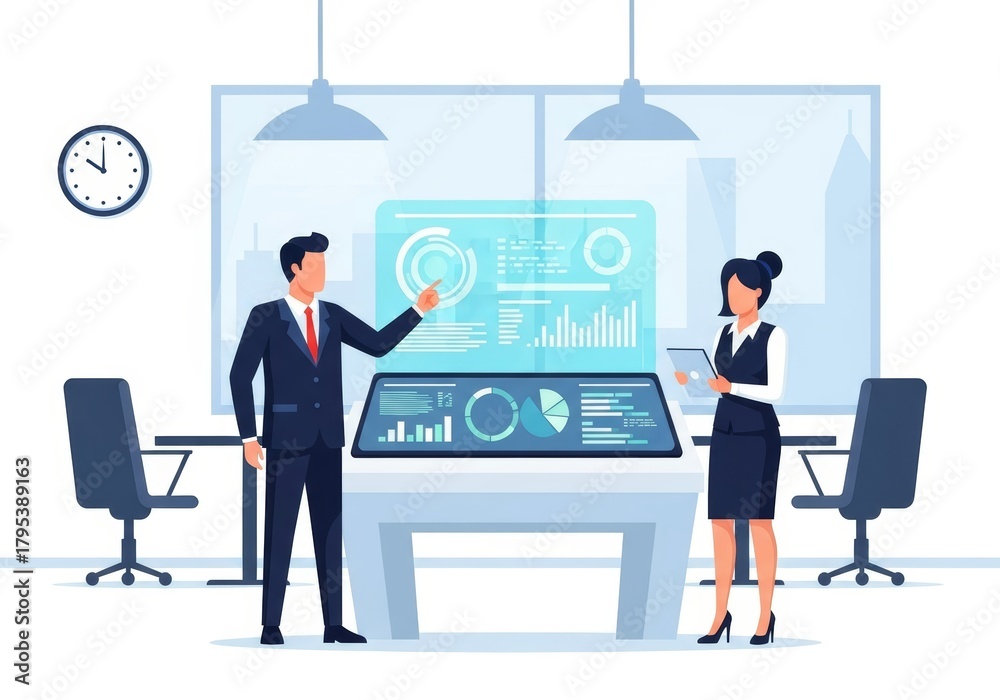 Fototapeta premium Business professionals interacting with a futuristic holographic dashboard for data analysis and strategic planning in a modern office