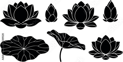 Lotus flower vector set with leaves and buds in silhouette style for design and decoration