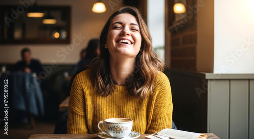 Joyful Woman Laughing Happily in Coffee Shop