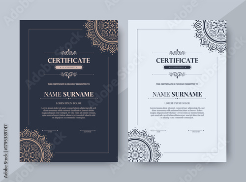 Elegant Decorative Ornament Mandala Style Certificate Template Design for Achievement
