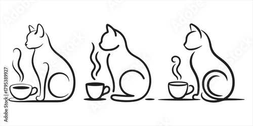 Three minimalist cats enjoying hot beverages in simple line art style Vector, illustration