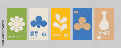 Abstract minimalist poster collection with geometric shapes and floral motifs in a retro color palette, featuring a flower, cloud, plant, and vase design