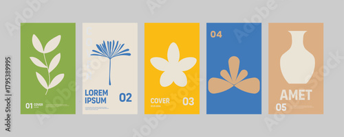 Collection of five abstract minimalist posters featuring diverse graphic elements like flowers, plants, and vases, presented in a retro aesthetic with bold colors