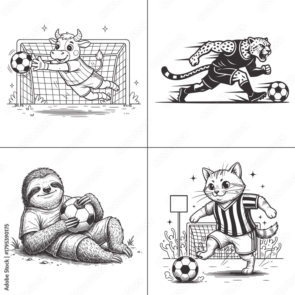 Naklejka premium Soccer Football Animal Mascot Bundle Leopard Sloth Calf Cat Goalkeeper Player Line Art Illustration Graphic
