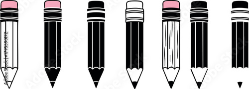 Pencil sketch style creative drawing tools set with pink erasers and black outlines vector illustration
