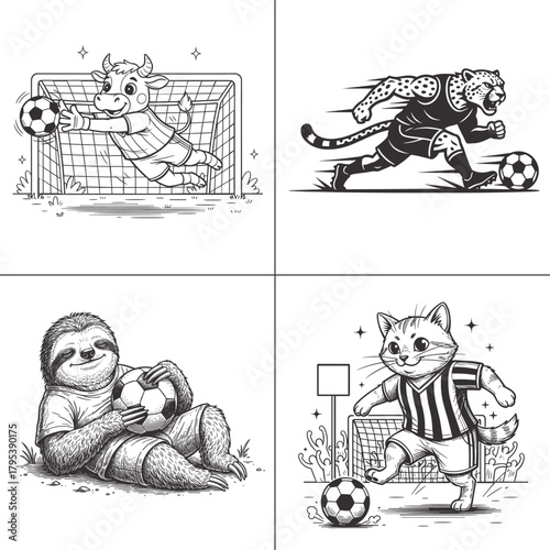 Soccer Football Animal Mascot Bundle Leopard Sloth Calf Cat Goalkeeper Player Line Art Illustration Graphic