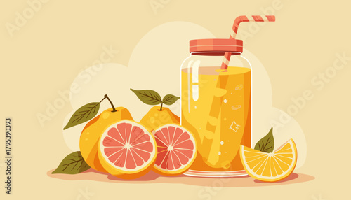 Refreshing lemonade in a jar with fresh citrus fruits on a soft pastel background