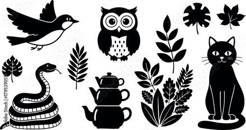 Silhouettes of flying bird owl snake cat leaves and teapot nature themed vector illustration