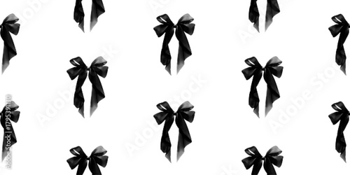 Seamless vintage pattern with dot effect black bow silhouette. Halftone texture ribbon on a white background. Coquette collage fabric print, textile backdrop.