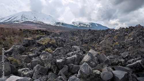 Rugged Volcanic Boulders and Mount Asama under a Cloudy Sky in Onioshidashi Park