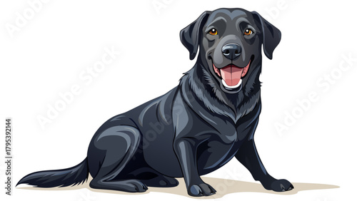 Very beautiful black Labrador retriever sitting and panting on a white background, featuring smooth dark fur, friendly expression, and a clean minimal setting that highlights the dog’s calm and loyal 