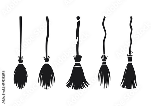 Broom icon set for halloween and witch magic