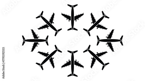 Dynamic circular arrangement of black airplane silhouettes symbolizing global travel and connectivity