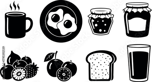 Breakfast food and drink icons with coffee, eggs, jam, fruit, bread, and juice in black silhouette style vector