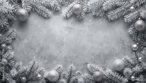 Luxurious Silver Christmas Background with Frosted Pine Branches and Sparkling Metallic Ornaments – Elegant Winter Holiday Frame with Copy Space