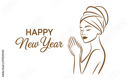 Happy new year greeting with a woman in a towel praying