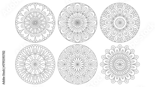 Discover serene beauty with a set of six intricate mandala designs perfect for coloring, crafting, or creating calming visual art projects.