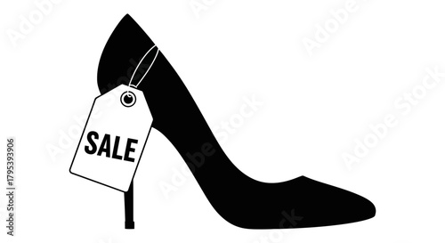 Elegant black high heel shoe silhouette featuring a prominent 'SALE' tag, perfect for conveying fashion discounts, special offers, and shopping promotions for women's footwear and accessories
