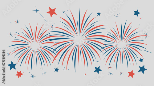 Dynamic red and blue fireworks explode across a light gray backdrop, celebrating freedom and festivity with scattered stars