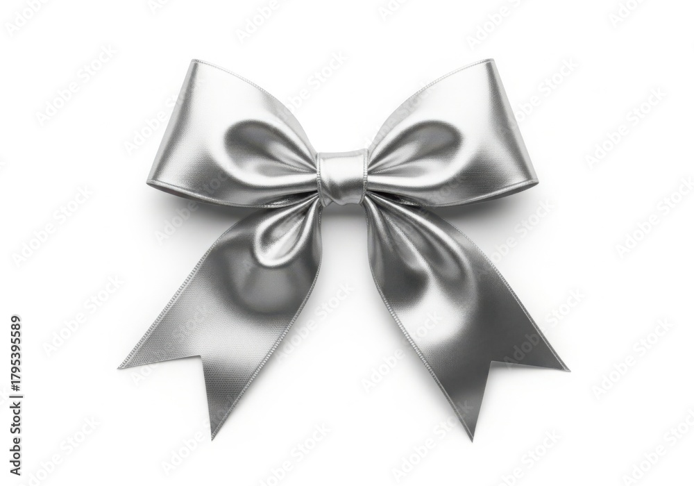 Naklejka premium Elegant silver satin bow with flowing tails on a clean white background