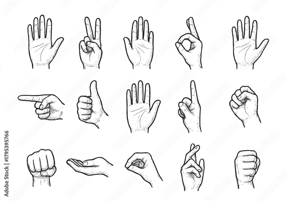 Fototapeta premium Hand gestures collection, flat vector illustration in simple monochrome style