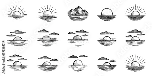Sunset scenes vector illustration collection, flat vector, simple black sketches