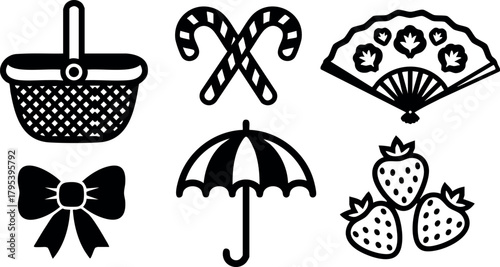 Collection of black silhouette picnic basket candy canes fan bow umbrella strawberry vector icons for design projects
