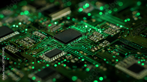Green Neon Circuit Board Macro With Glowing Paths