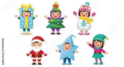 Delightful children in charming Christmas and winter holiday costumes embody the festive spirit, bringing joy and cheerful play to seasonal celebrations