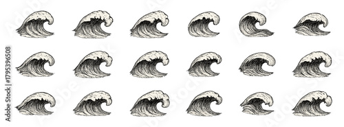 Hand drawn wave elements, flat vector illustration, ocean and sea design