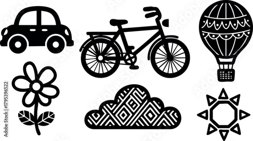 Black silhouette icons of car bicycle hot air balloon flower cloud and sun for travel and leisure design vector