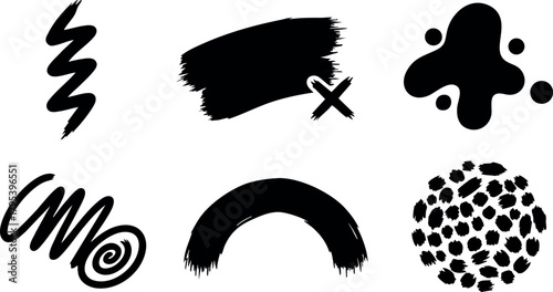 Abstract black brush stroke vector set with unique ink shapes and artistic paint splashes for creative design projects